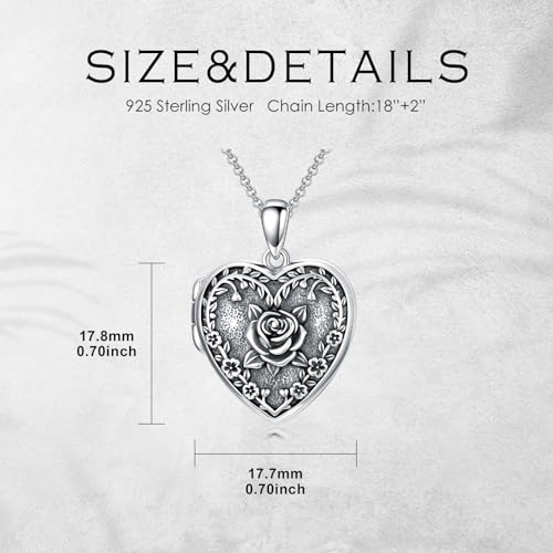 Heart Locket Necklace 925 Sterling Silver Custom Photo Pendant That Holds Pictures Memorial Jewelry Gifts for Women Mom Daughter - color: Rose Flower, style: 3-photo&text customized