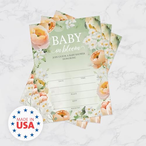 Canopy Street Baby In Bloom Baby Shower Invitations / 25 Floral Gender Neutral Baby Shower Invites With White Envelopes / 5" x 7" Flat Fill In Gender Reveal Invitation Cards/Made In The USA - color: Baby in Bloom