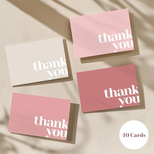 Paper Play Thank You Cards Bulk Pack of 40 Pink, 5x3.5 Inches with Matching Stickers & Envelopes, Minimalistic Design Suitable for Business, Baby Shower, Wedding, Small Business, Graduation, Funeral | 5 x 3.5 Inches with Matching Stickers & Envelopes, For
