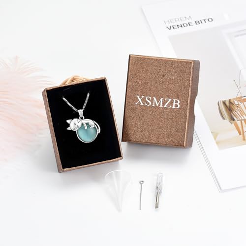 XSMZB Pet Cremation Ashes Jewelry Moonstone Cat Urn Necklace for Ashes for Women Men Lovely Cat Memorial Urn Locket Keepsake Pendant Gift - color: Silver Cat