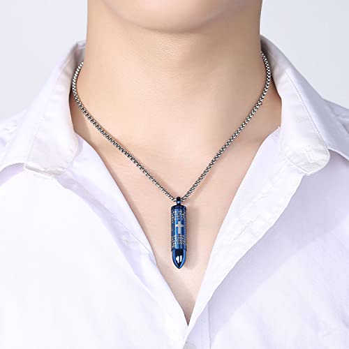 Mens Urn Necklace For Ashes Bullet Shape Cross Cremation Urn Jewelry - color: Blue Tone