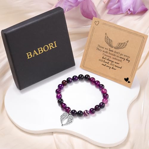 Sympathy Gifts for Loss of Loved one Memorial Healing Remembrance Condolence Grief Present for Women Pink Beads Bracelet With Angel Wings - style: Amethyst-Wings-In Loving Memory of Your Mother