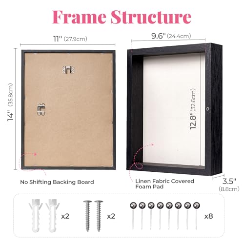 HOUSE DAY 11x14 Deep Shadow Box Frame with Linen Back, Pins, Black - color: Black, size: 11x14