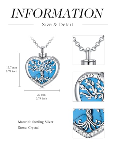 TOUPOP Tree of Life Urn Necklaces for Ashes 925 Sterling Silver Heart Cremation Jewelry Memorial Keepsake Jewelry with Funnel Filler for Women Men - color: A-Heart Tree of Life-Turquoise