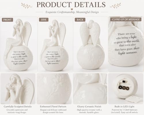 Memorial Angel Figurine with LED Light, Sympathy Gifts for Loss of Loved One, Ceramic Remembrance Angel Statue, Bereavement Gift, Funeral Keepsake, in Memory Gift, Batteries Included - color: White With Warm Light
