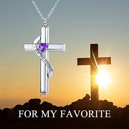SOULMEET Crystal Cross Necklace for Ashes, Sterling Silver I Love You Forever Birthstone Cross Urn Necklaces for Ashes Keepsake Cremation Jewelry for Pet Human Ashes - style: B-White Gold-February