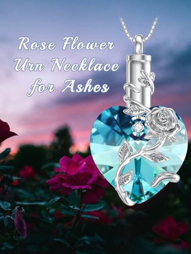 OCJ Heart Rose Flower Urn Necklace for Ashes Women Birthstone Cremation Necklaces Sterling Silver Memorial Cremation Jewelry Gifts - color: 12-Dec-Blue Topaz