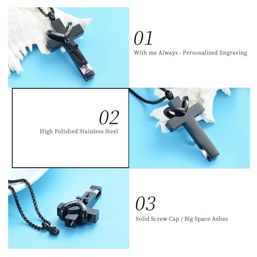 Oinsi Black Cross Urn Necklace For Ashes Of Loved Ones With Birthstone Always In My Heart Cremation Jewelry Keepsake Pendant Women Men - color: Light Purple Stone