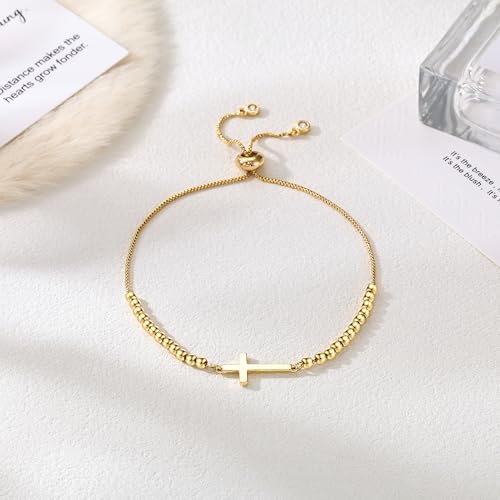 Moodear Cross Bracelet for Women, Dainty Sterling Silver/Gold Plated Gift | Christian Religious Gifts for Teen, Stocking Stuffers, Adjustable Link Bracelets, Sparkling CZ Cross, Non Tarnish Jewelry - color: Bead Gold Cross Bracelet