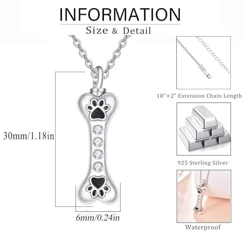 Dreamboat Pet Cremation Urn Necklaces for Dog Cat Ashes 925 Sterling Silver Paw Print Keepsake Pendant Memorial Jewelry Gifts for Women Men - style: 01F-Bone Vial