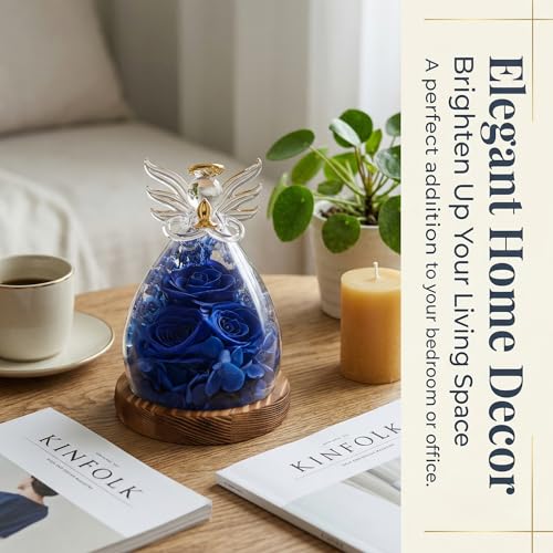 Preserved Rose Eternal Flower in Glass Angel Figurine Real Forever Rose with LED Lights Angel Gifts for Women Birthday Mother's Day Valentine's Glass Dome Blue Sapphire - color: Deep Sapphire Blue