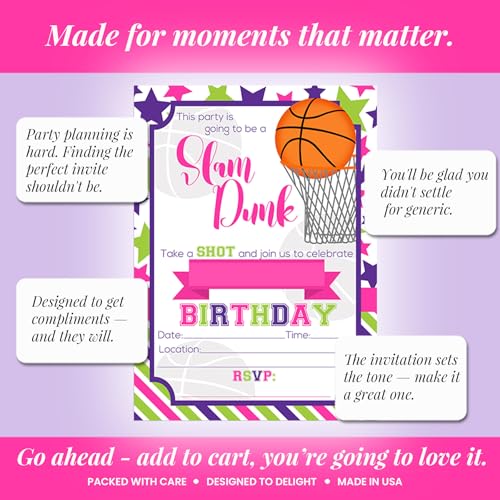 Amanda Creation Basketball Birthday Invitations Girls, 20 Pack 5x7 Basketball Invitations for Birthday Party Girl with White Envelopes, Pink Slam Dunk Theme - style: Slam Dunk Basketball Girl