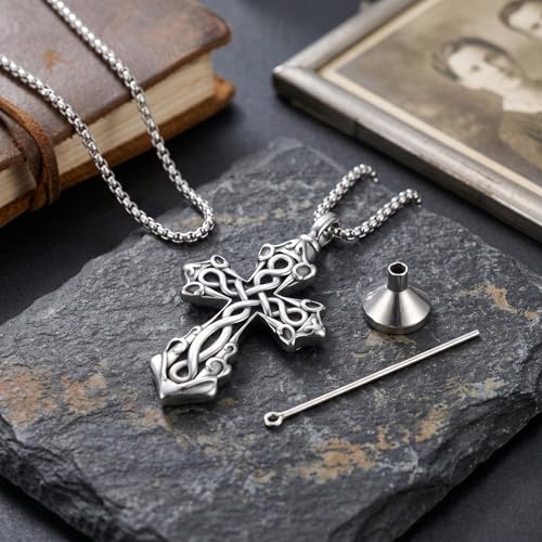 925 Sterling Silver Celtic Cross Urn Necklace for Ashes | Memorial Keepsake Cremation Catholic Jewelry for Men Women - color: Silver-1