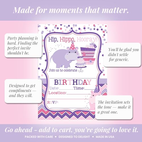 Amanda Creation Hippo Birthday Invitations for Girls, 20 Pack 5x7 Fill-In Party Cards with White Envelopes, Hip Hippo Hooray Cute Animal Design, Made in USA - color: Hip Hippo Hooray Hippopotamus