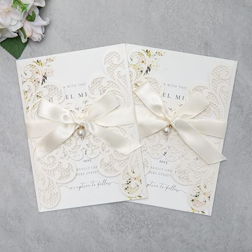 20Pcs Ivory Laser Cut Wedding Invitation Cards With Envelopes - color: lvory