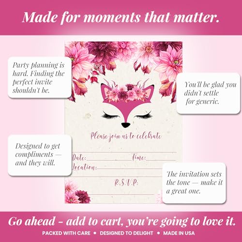 Amanda Creation Fox Birthday Invitations, 20 Pack 5x7 Fox Theme Birthday Invitations with White Envelopes, Watercolor Floral Party Cards - style: Fancy Fox