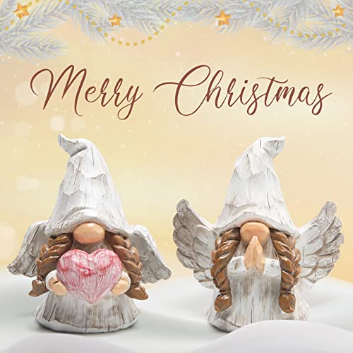 Hodao Angel Gnomes Figurines Set of 2, Handcrafted Wood-Like Resin Guardian Angel Statues with Heart & Prayer, Lucky Home Decor for Shelf, Tiered Tray, Christmas for Mom Grandma Friends