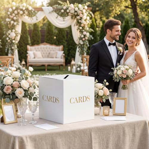 White Wedding Card Boxes for Receptions, Gift Card Box for Graduation Party | Thicker Paperboard Graduation Card Box for Party, Birthday, Retirement, Anniversary, Bridal & Baby Shower, Gold Foil Design - color: White
