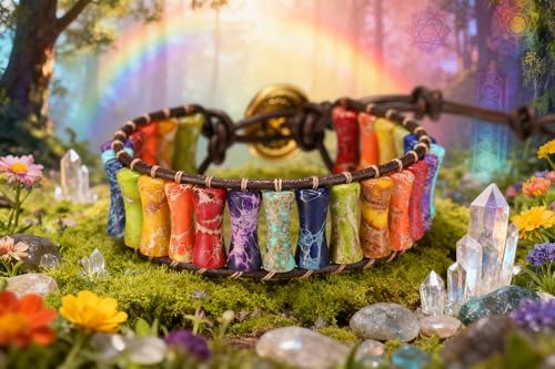 7 Chakra Healing Bracelet for Women Men, Jasper Bead Inspirational Gift | Natural stone;Handmade;Bohemian style - color: Colorful - Black Leather