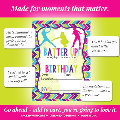 Amanda Creation Batter Up Softball Themed Birthday Party Invitations, 20 5x7 Fill-In Cards with Twenty White Envelopes - style: Batter Up Softball