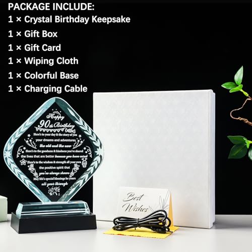 YWHL 90th Birthday Gifts for Men Women Happy 90th Birthday Decorations Crystal 90 Year Old Gift Ideas for Wife Mom Dad Husband Grandma Who Born in 1935 - style: 90th Birthday Gifts+Light Base