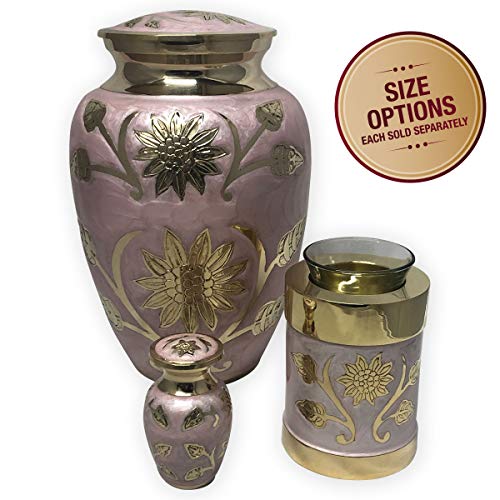 Pink Garden Brass Keepsake Cremation Urn | Unique Brass Funeral Urn with Gold & Pink Enamel Details | Keepsake - size: Keepsake