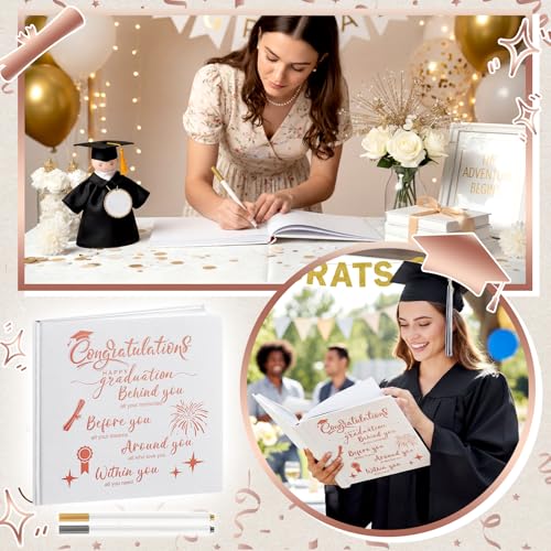 2026 Graduation Guest Book 8.7'' x 8.7" with 2 Markers Congratulations Graduate Gifts Class of 2026 Picture Book Hardcover Rose Gold Foiled Photo Album for Graduation Party Supply 144 Pages - color: White, style: Blessing
