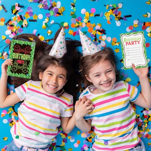 Pixel Birthday Invitations for Boys Video Gaming Invites with Envelopes 20 - color: Green Gaming Pixel