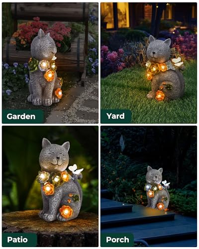 Vuees Solar Garden Statues Outdoor Decor, 6 LED Cat Flowers Butterfly Figurine Lights, Waterproof for Balcony Patio Porch Lawn Yard Ornament Art - Gift Ideas for Housewarming Gardening Grandma Women - style: Cat & Flowers