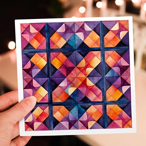 3dRose Pink Blue and Orange Geometric Quilting Squares Pattern 1 Greeting Card with envelope