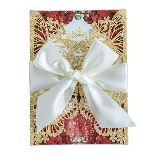 20 PCS Butterfly Quinceanera Invitation, Laser Cut Invitation Cards | 5.12x7.2" Gold Glitter Butterfly Quinceanera Invitation with Envelopes for XV Anos Bridal Shower Baby Shower Invite - color: Golden Glitter