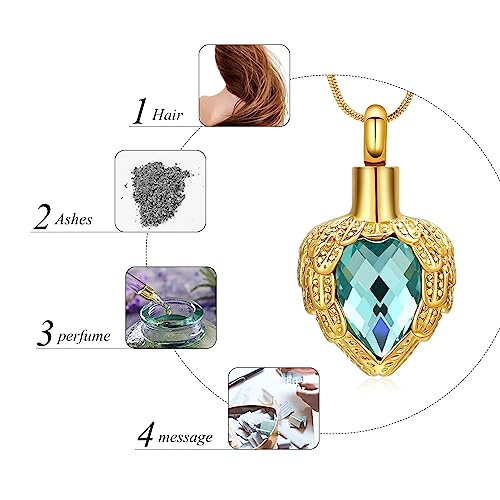 memorial jewelry Gold Angel Wings Glass Heart Urn Pet/Human Cremation Pendant Necklace Jewelry for Ashes - color: Blue