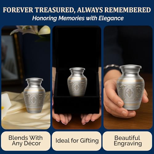 Small Urns for Human Ashes – Brass Hand-Engraved Funeral Keepsake with Elegant Silver Finish – Mini Cremation Memorial for Mom, Dad & Loved Ones - color: Silver