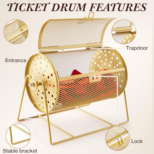 Teenyyou Raffle Drum Holds 600 Tickets, Metal Ticket Wheel Spinner with Stand, Raffle Tickets Cage for Games Events, Parties, School Drawings(Integrated Rotary,Gold,7.09" X 4.72", Small) - color: Gold, size: 7.09" X 4.72", Small, style: Integrated Rotary