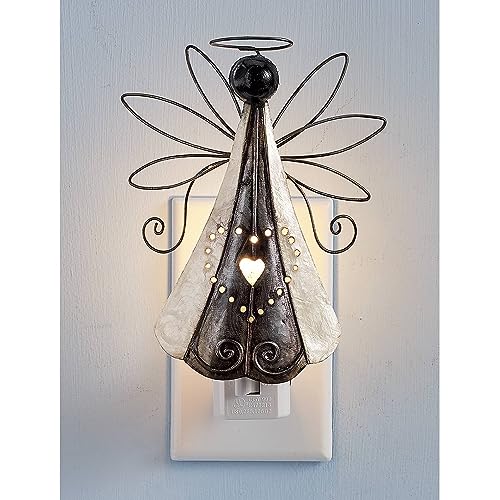 Angel Nightlight | Decorative Capiz Shell and Metal Art Design | Bedroom, Bathroom, Stairs, Nursery | Home Décor Accent | Rotating Plug | On/Off Switch | Bulb Included | 6” High