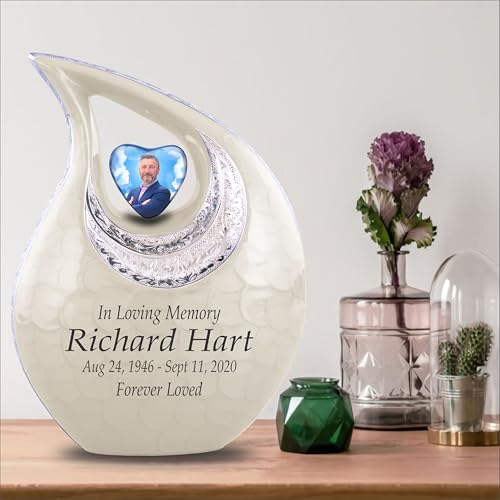 Personalized Photo & Text White Teardrop Cremation Urns for Adult Ashes Male Female - 156 Lbs Burial Urns for Human Ashes - Handcrafted Funeral Decorative Urn for Adult with Velvet Bag - size: 156 Lbs Adult Urn