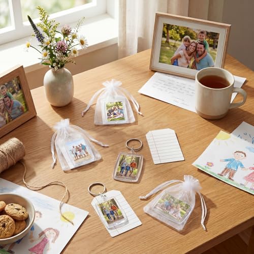 30 Sets Back to School Acrylic Photo Frame Keychain Rectangle Picture Insert Keychain with Writable Labels and Organza Bags - style: Memory