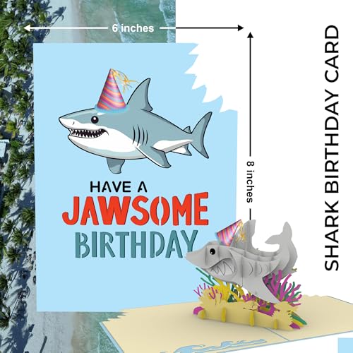 iGifts And Cards Ocean Adventure Shark 3D Pop-Up Card Jawsome Birthday 6x8 | Friend, Dad, Lifeguard, Shark Lover, Beach Lover, Funny Bday Greeting, Aquatic Party Theme, Underwater Scene, With Notecard - color: Shark Birthday