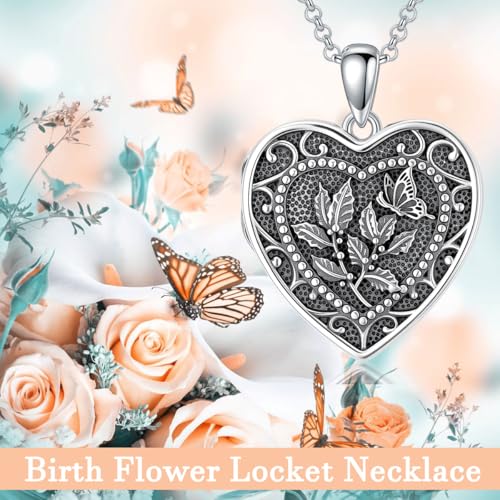 PELOVNY Birth Flower Locket Necklace for Women 925 Sterling Silver Flower Butterfly Heart Photo Locket Pendant Birthday Christmas Jewelry Gifts for Mom Daughter Wife Sister - color: 12-Holly