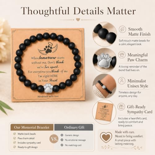 Pet Memorial Bracelet Loss of Dog Cat Matte Black Bead Sympathy Gift | Silver paw print charm, bereavement condolence keepsake jewelry, rainbow bridge gift for dog mom cat mom women men pet parent