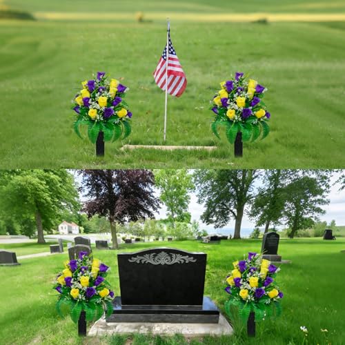 2 Sets Artificial Cemetery Flowers For Grave 24 Heads Flowers For Cemetery - color: Yellow + Purple
