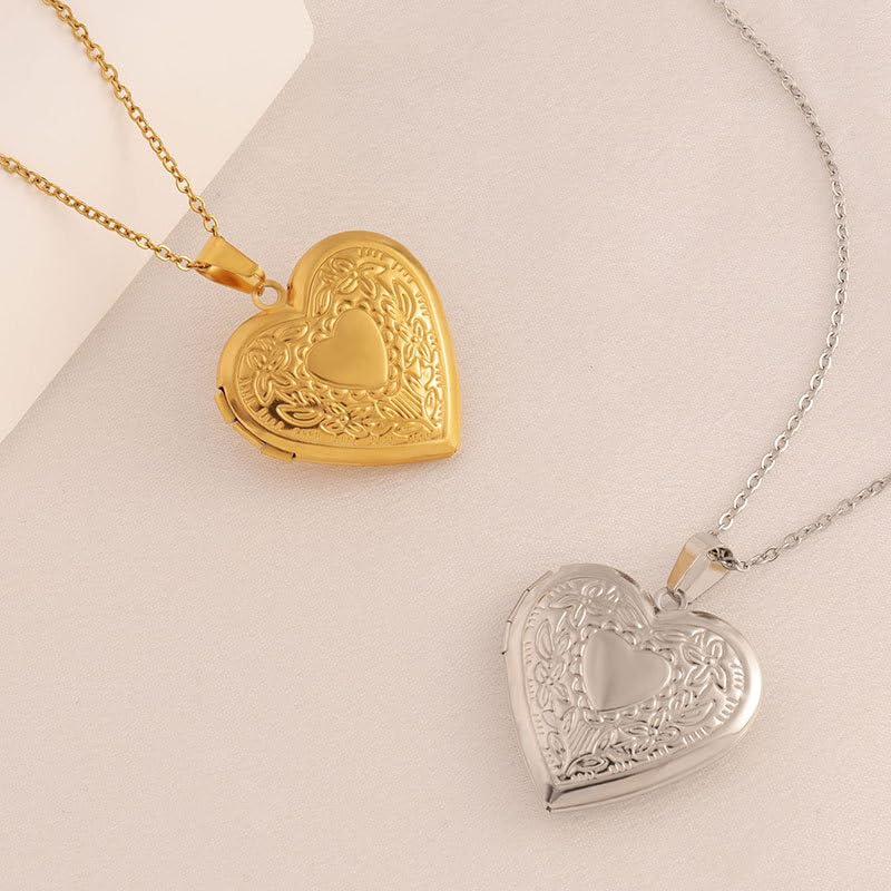 Vintage Engraved Flower Empaistic Photo Locket Pendant Necklaces Dainty Gold Silver Oval Round Heart Locket Hold Photo Picture Clavicle Chain Necklace for Women Men Souvenir Memorial Jewelry - style: Gold C