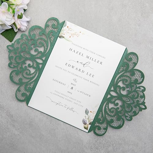 20Pcs Emerald Green Laser Cut Wedding Invitation Cards With Envelopes - color: Emerald Green