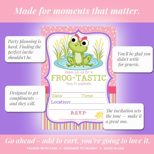 Amanda Creation Frog Birthday Invitations for Girls, 20 Pack 5x7 Fill-In Frog Party Invitations with White Envelopes, Cute Green Animal Birthday Cards, Made in USA - color: Little Frog
