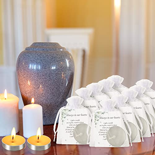 50 Set Funeral Party Favors Memorial White Candles Unscented Funeral Gifts Tealight Candles with Condolence Bereavement Cards and Organza Bags for Guest Celebration of Life Decorations (Artsy) - style: Artsy