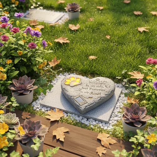 Pet Memorial Stone Solar Lighted Glowing Paw Print Heart Statue 10" | Pet Headstones For Dogs Cats with "Forever in My Heart" Engraved, Waterproof Resin Loss of Dog Sympathy Gift - color: Heart Pet