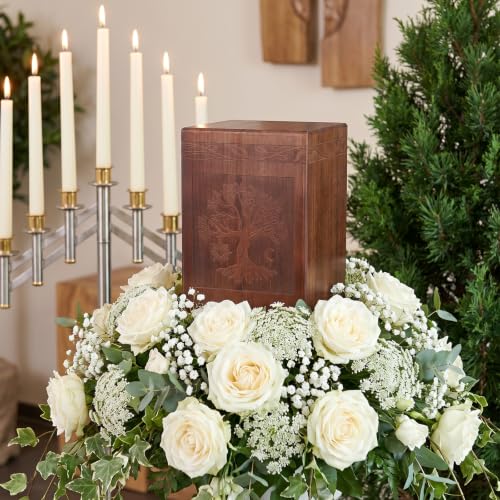 Wooden Cremation Urn with Satin Bag for Burial | Tree of Life Decorative Funeral Memorial Urns Box for Human Ashes Men Women Child or Pet Cat Dog, (222 Cubic Inch)