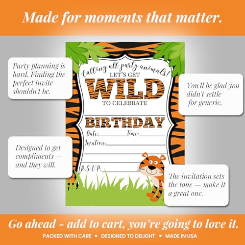 Tiger Birthday Party Invitations for a WILD time, 20 5x7 Fill In Cards with Twenty White Envelopes by AmandaCreation. - style: Tiger