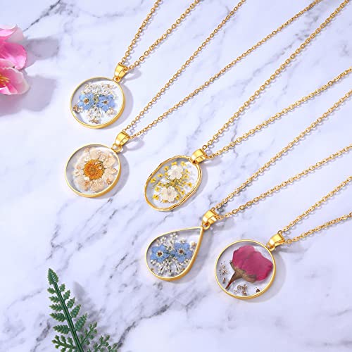 AUNTESIGN Forget-Me-Not and Queen Anne's Lace Pressed Wildflower Necklace | Birth Month Flowers Necklace | Gold/Silver Pressed Flower Jewelry | Mother's Day | Gift For Her - color: Daffodils and Queen Anne's Lace Neckalce(March birth flower)