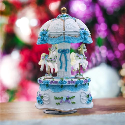 Carousel Music Box,Luxury Color Change LED Light ,Luminous Rotating 3-horse | Luminous Music Box, musical box with Gift Box for Girls Birthday Valentine Gift (Castle in the Sky, Blue) - color: Blue, style: Castle in the Sky
